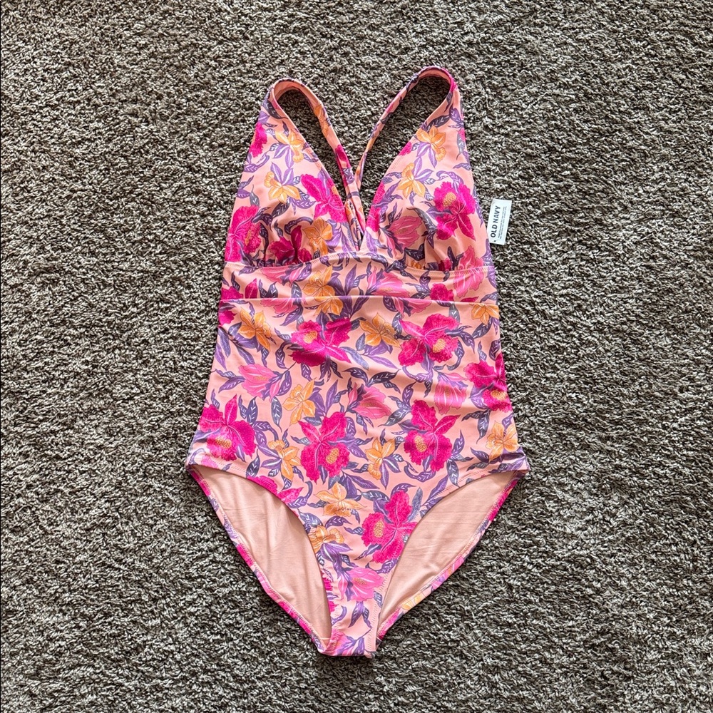 Old Navy Pink and Orange Floral One Piece Swimsuit